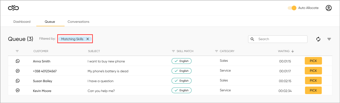 How can I filter, search for, and sort conversations in the Queue tab ...
