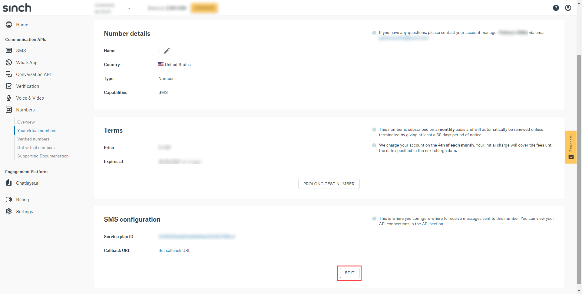 How do I assign a virtual number to an SMS service plan? Sinch