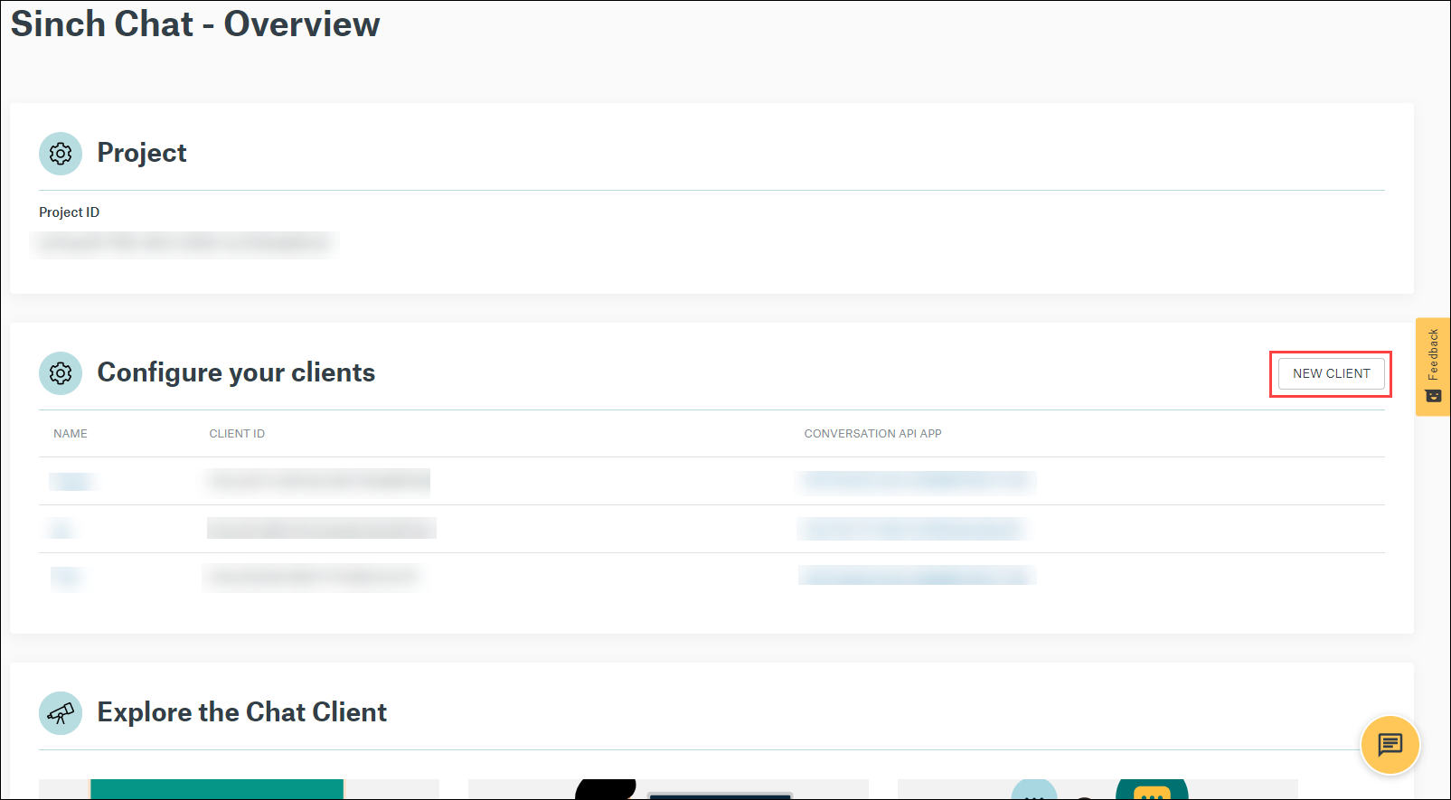 How do I use the Sinch Customer Dashboard to set up a Sinch Chat client