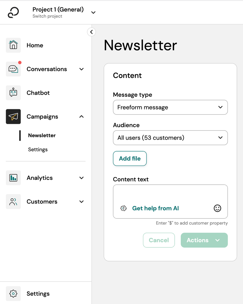 Example of the Campaign view: "Get help from AI" on the content text field.