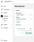 Example of the Campaign view: "Get help from AI" on the content text field.