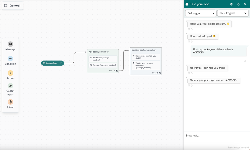 Screenshot 2023-11-25 at 13.22.20.png The bot now recognises the package number without asking for it.